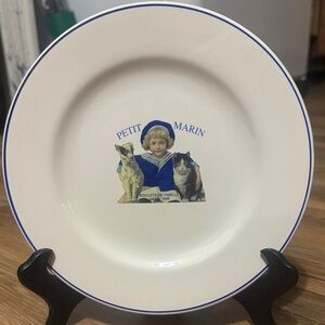 White Plate with Blue Trim and Graphic